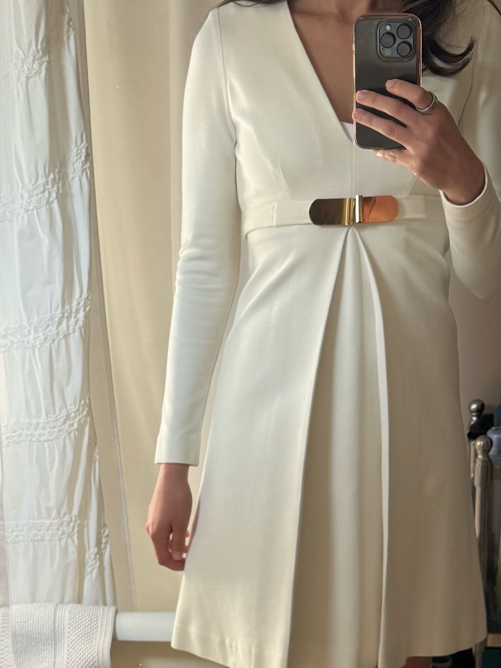 Milly Cream V-Neck Long Sleeve A-Line Dress